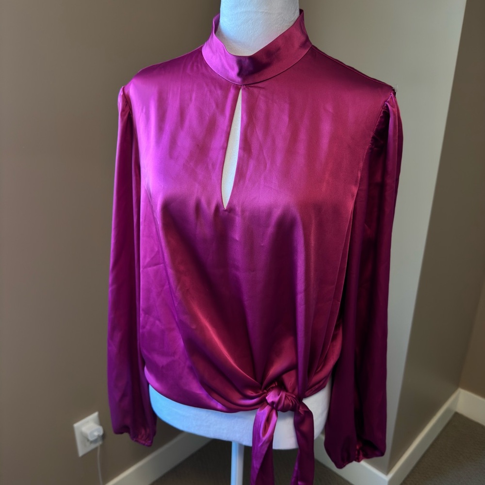 Tie-Hem Satin Blouse in Deep Fuchsia